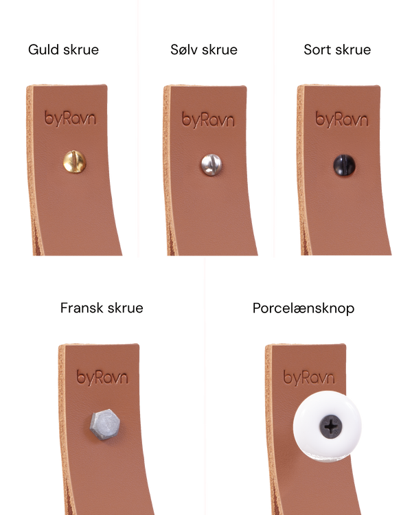 STACK magazine holder, overview of screws shown on cognac leather: gold, silver, black, coach screw and porcelain knob