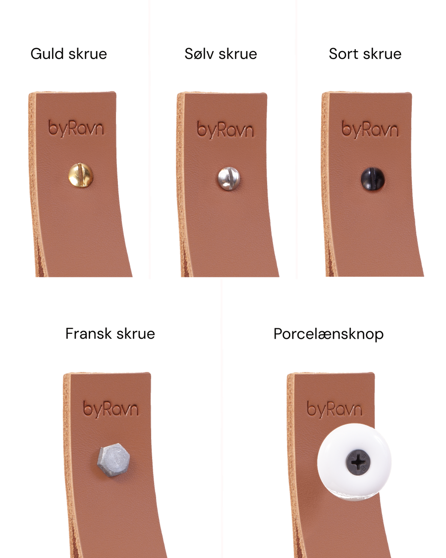 STACK magazine holder, overview of screws shown on cognac leather: gold, silver, black, coach screw and porcelain knob