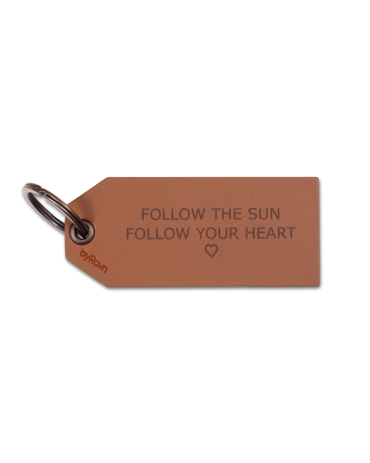 STORM keyring from byRavn in cognac leather shaped like a luggage tag with the engraving "Follow the sun, follow your heart" ♡