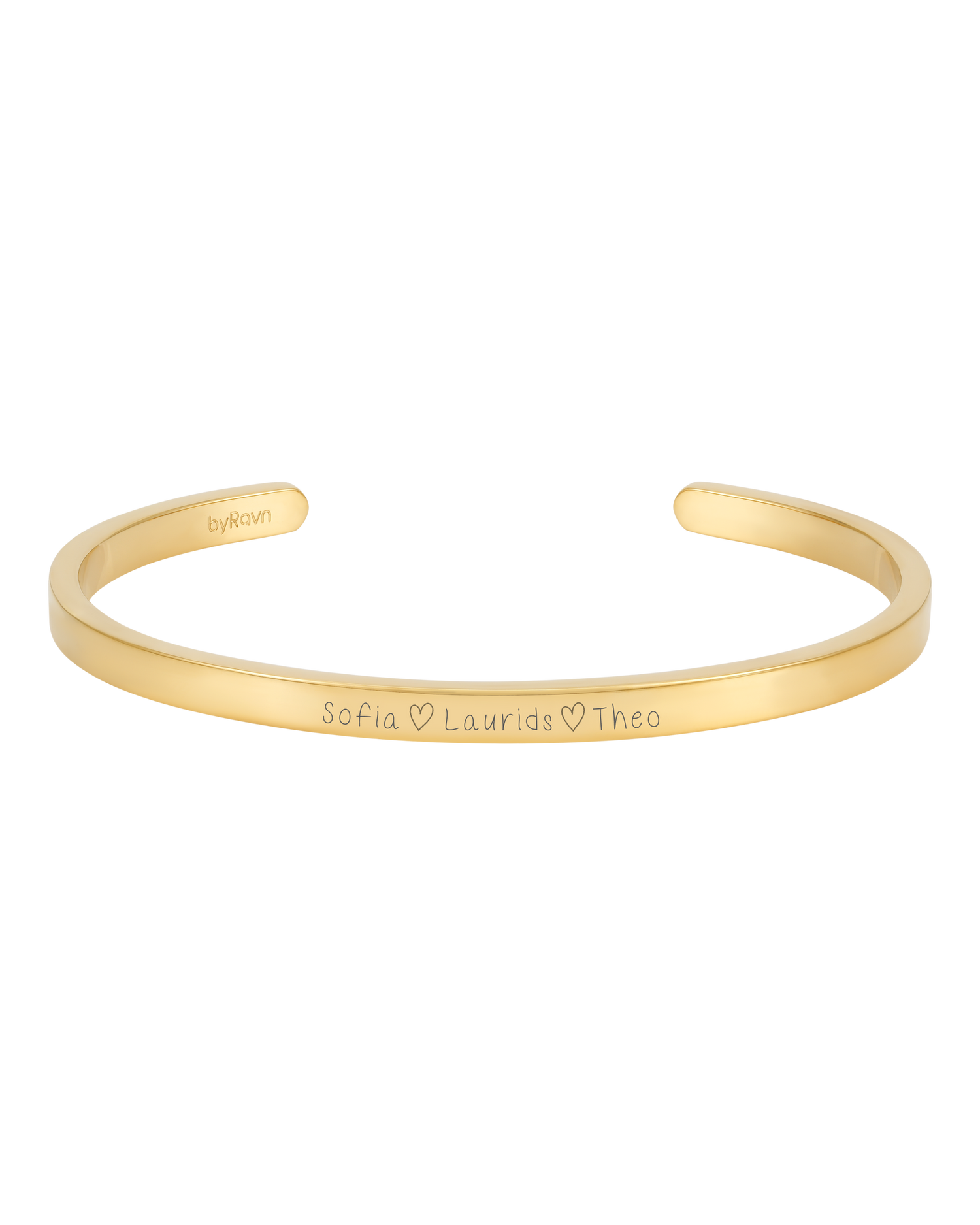VENUS SCRIPT bracelet from byRavn in gold-plated stainless steel with handwritten-style engraving "Sofia ♡ Laurids ♡ Theo"