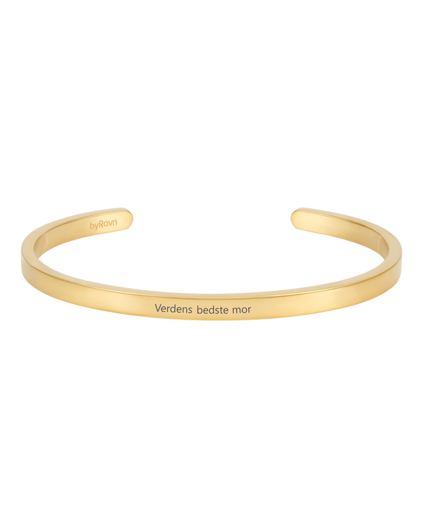 VENUS bracelet from byRavn in gold-plated stainless steel, open bangle with the engraving "Verdens bedste mor"