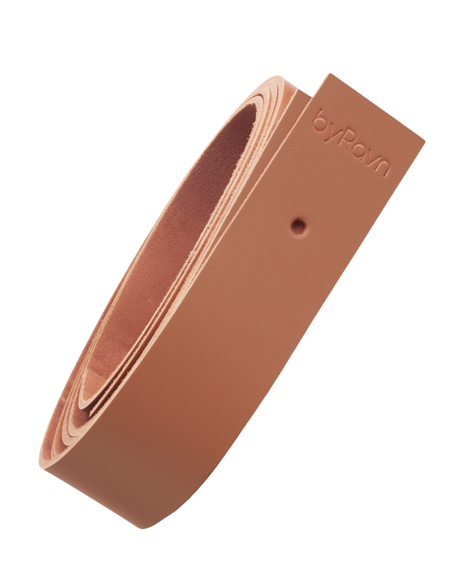 WAVE leather strap from byRavn in cognac full-grain leather, rolled up, with byRavn embossing and mounting hole