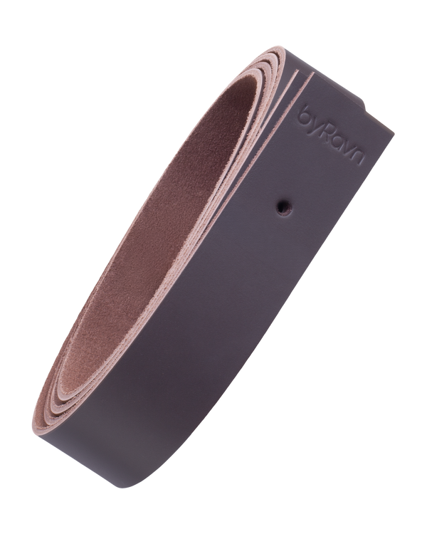 WAVE leather strap from byRavn in dark brown full-grain leather, rolled up, with byRavn embossing and mounting hole