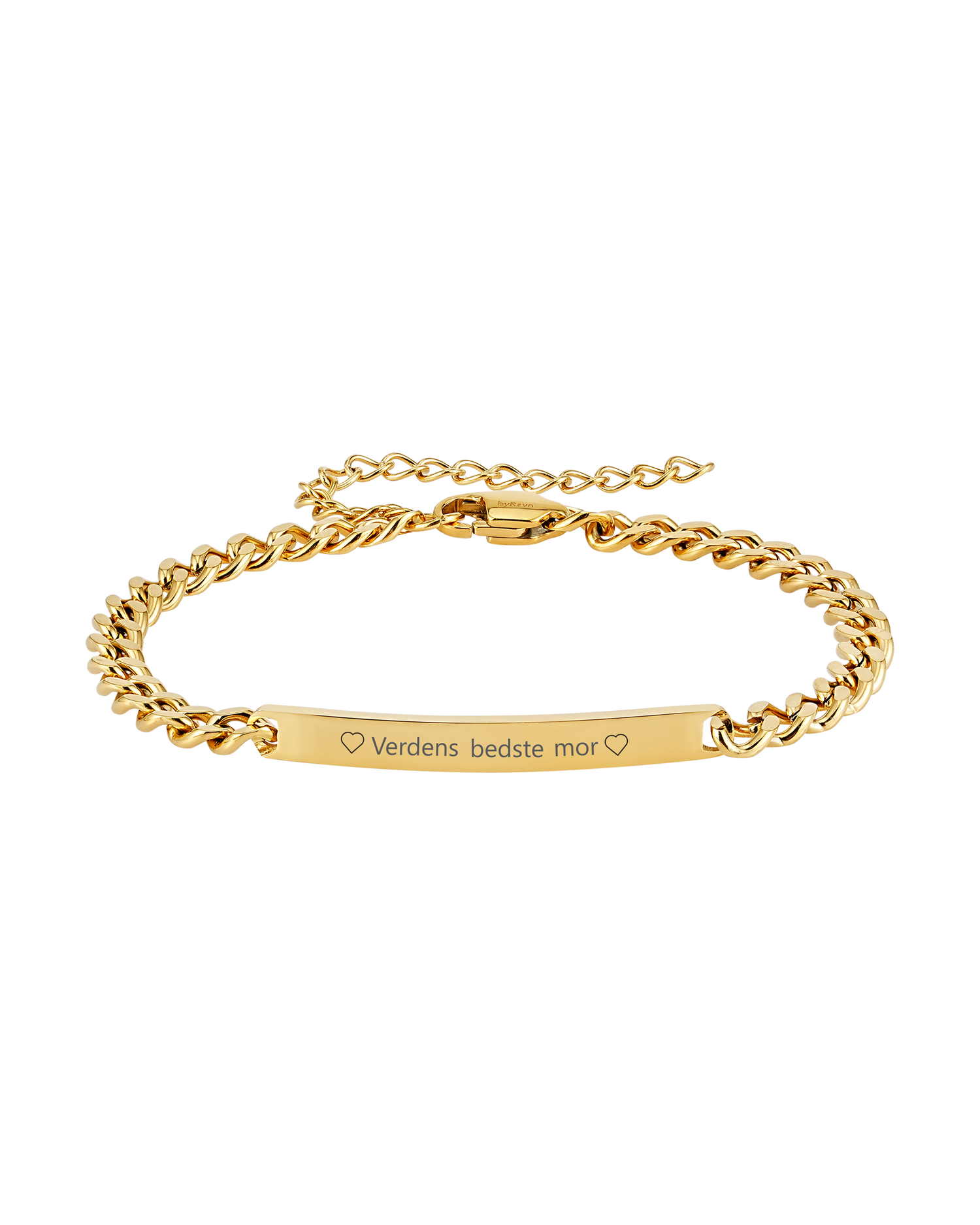 ZOE bracelet from byRavn in gold-plated stainless steel, curb chain with bar plate and the engraving "♡ Verdens bedste mor ♡"