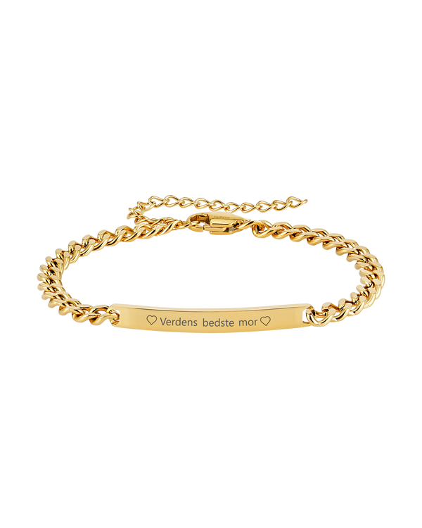 ZOE bracelet from byRavn in gold-plated stainless steel, curb chain with bar plate and the engraving "♡ Verdens bedste mor ♡"